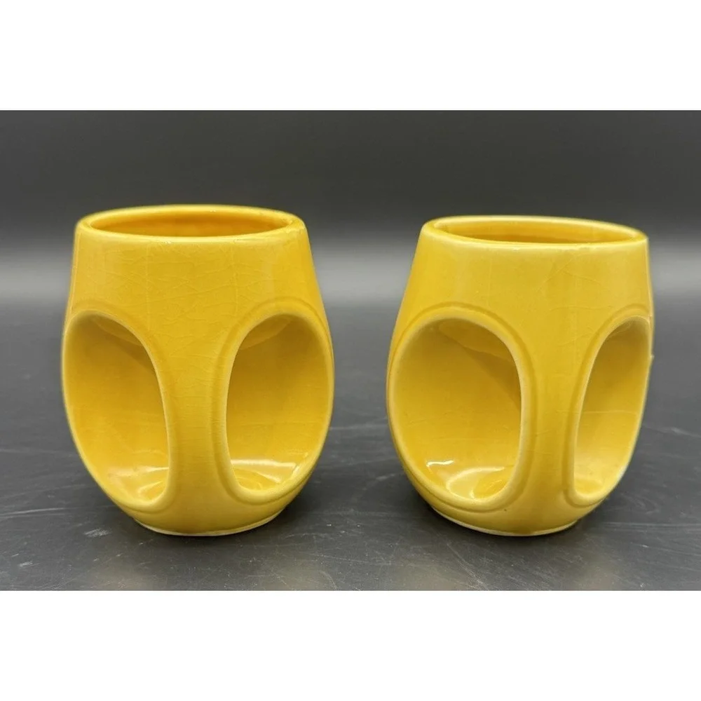 Vintage Bright Yellow Ceramic Tea Cups Set Of 8 MCM Japan Circular Handle 6-7 Oz